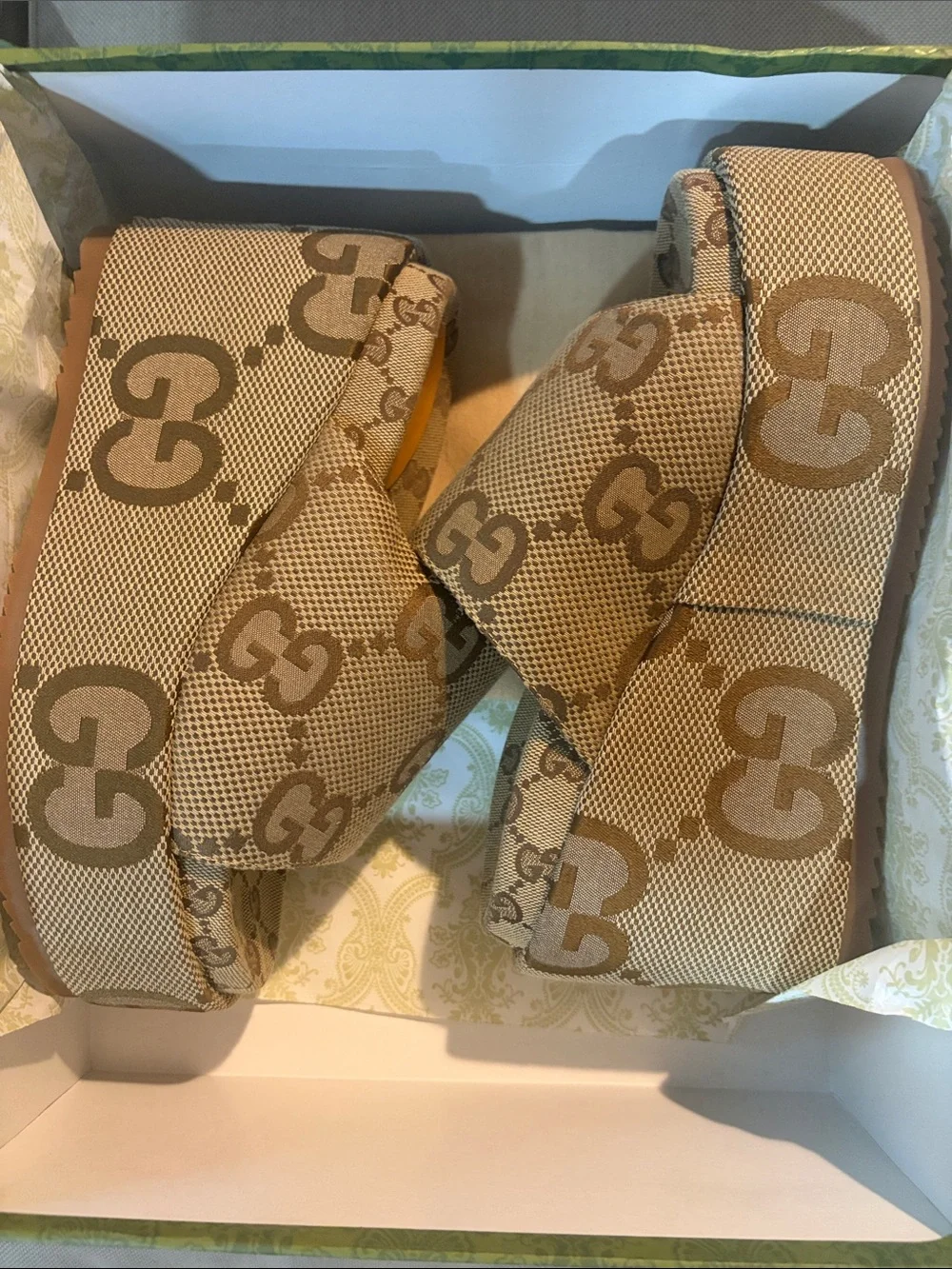 Excellent Knock Off Gucci Beige Brown GG Canvas Platform Sandals